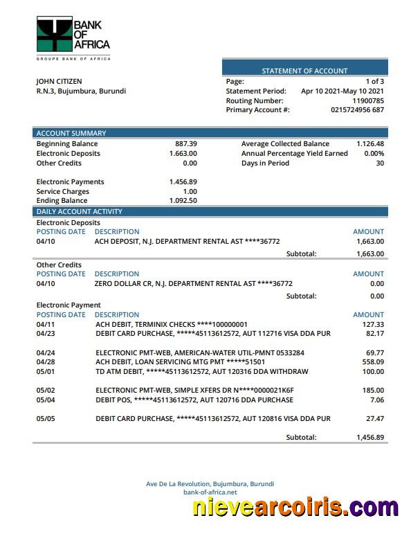 Burundi Bank of Africa bank statement Word and PDF